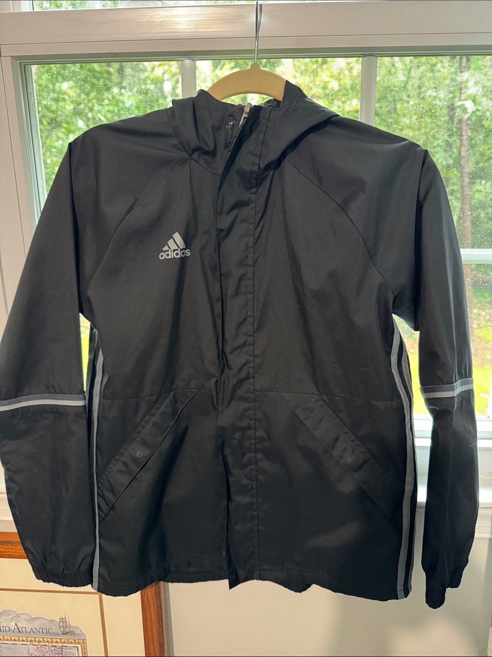 adidas Black Hooded windbreaker Jacket with grey stripes